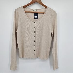 Lucky Brand Beige Rib Knit Button Down Long Sleeve Top Womens Large